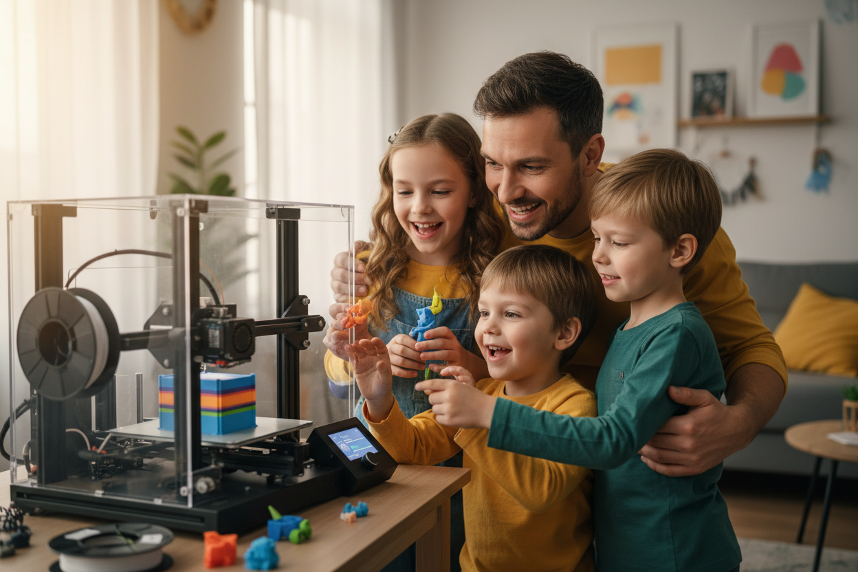 3D printer with father and kids